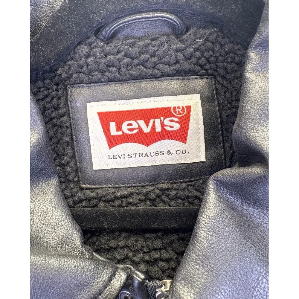 Levis Mens Faux Leather Sherpa Lined Trucker Jacket Black L Biker Streetwear